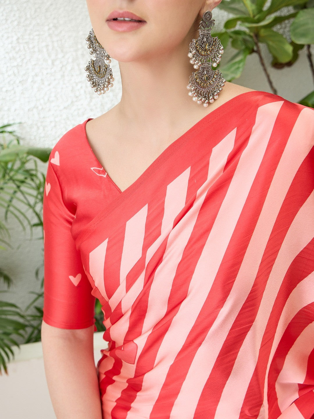 Red Striped Satin Saree with 'Love' Print and Tassel Details - Image 6