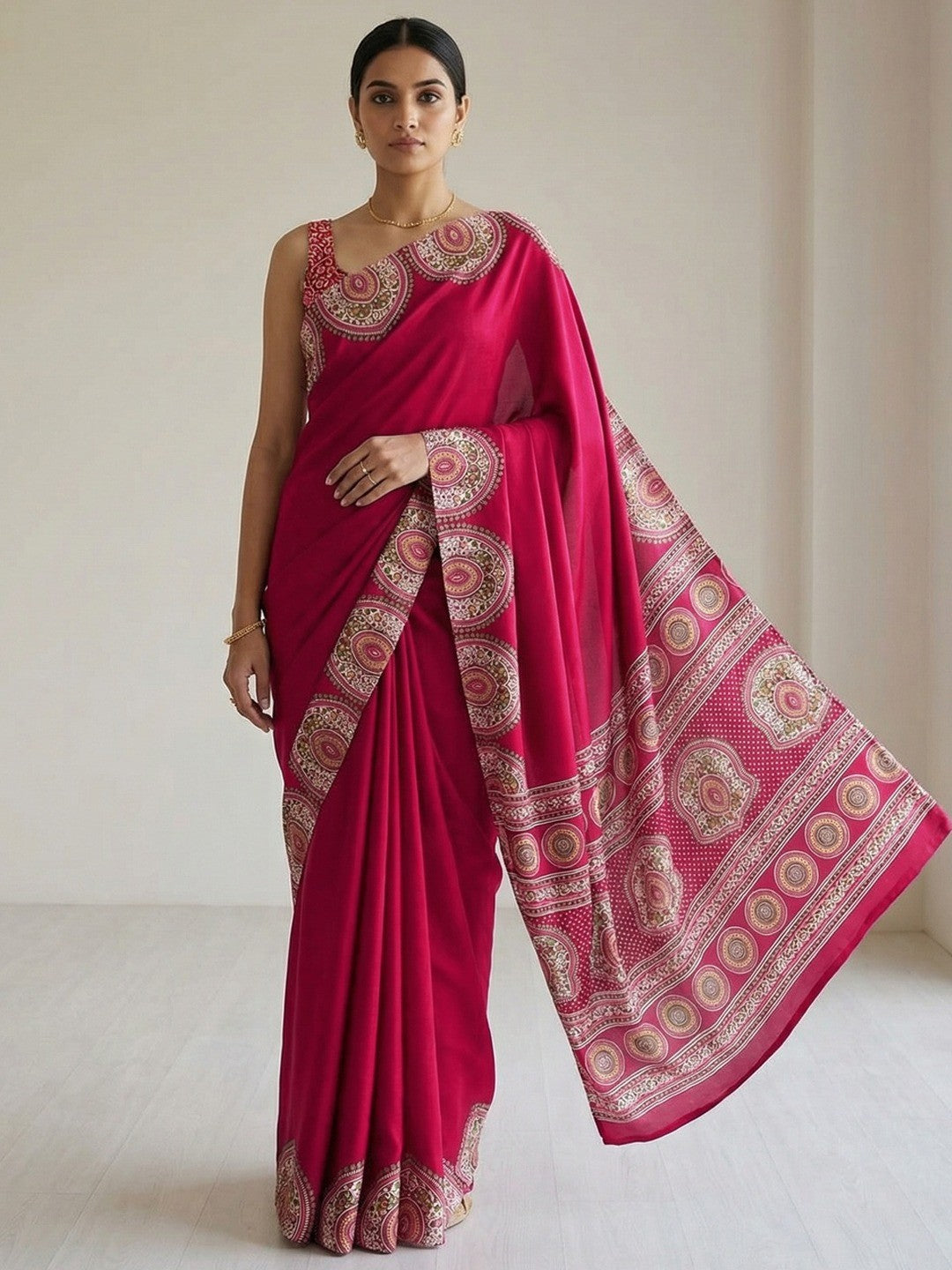 Maroon Crepe Saree with Intricate Traditional Border Design for Modern Ethnic Styling - Image 1