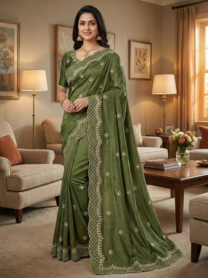 Green Floral Design Vichitra Silk Saree Featuring Intricate Thread & Sequins Embroidery - Image 1