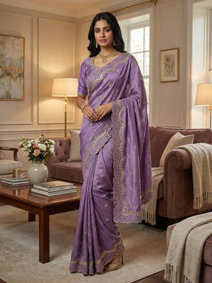 Lavender Floral Design Vichitra Silk Saree Featuring Intricate Thread & Sequins Embroidery - Image 1