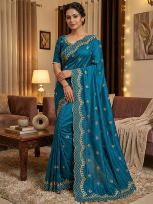 Peacock Blue Floral Design Vichitra Silk Saree Featuring Intricate Thread & Sequins Embroidery - Image 1