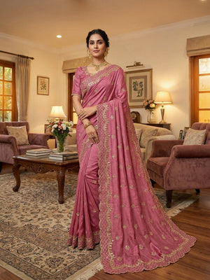 Pink Floral Design Vichitra Silk Saree Featuring Intricate Thread & Sequins Embroidery - Image 1