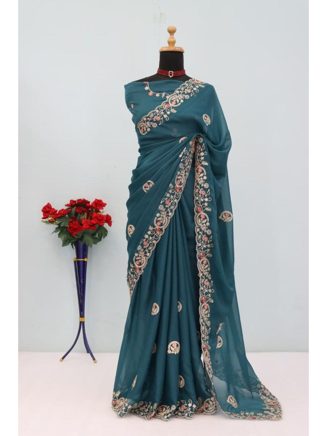Elegant Teal Floral Cording Embroidered Georgette Saree Highlighted With Shimmering Sequins - Image 9