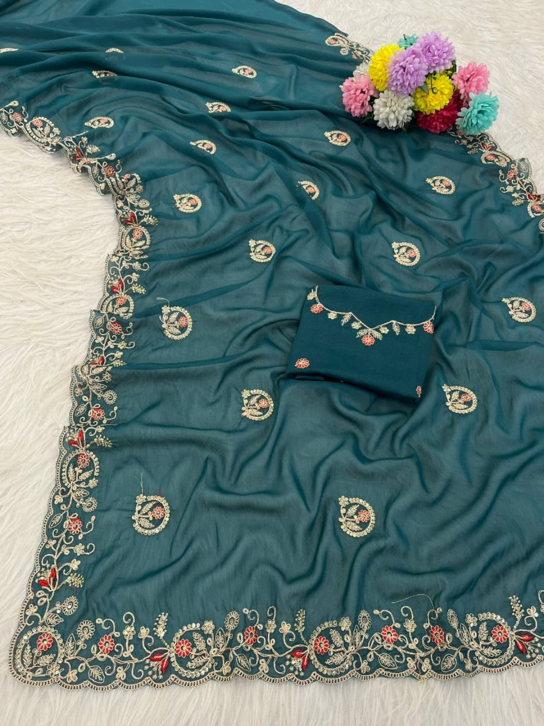 Elegant Teal Floral Cording Embroidered Georgette Saree Highlighted With Shimmering Sequins - Image 8