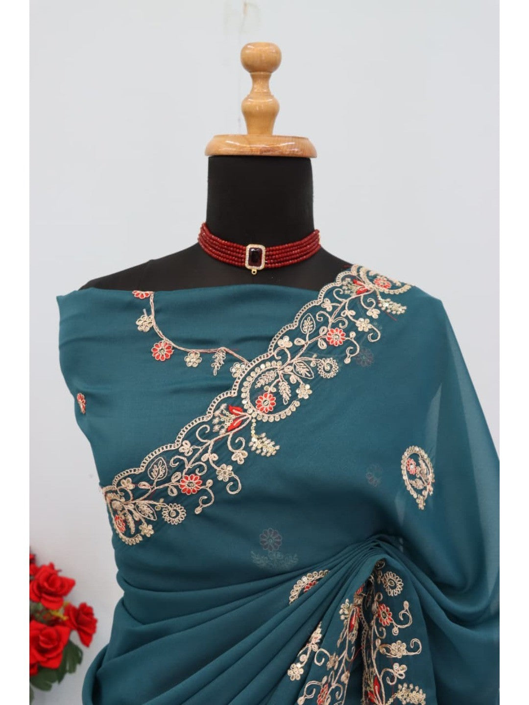 Elegant Teal Floral Cording Embroidered Georgette Saree Highlighted With Shimmering Sequins - Image 7
