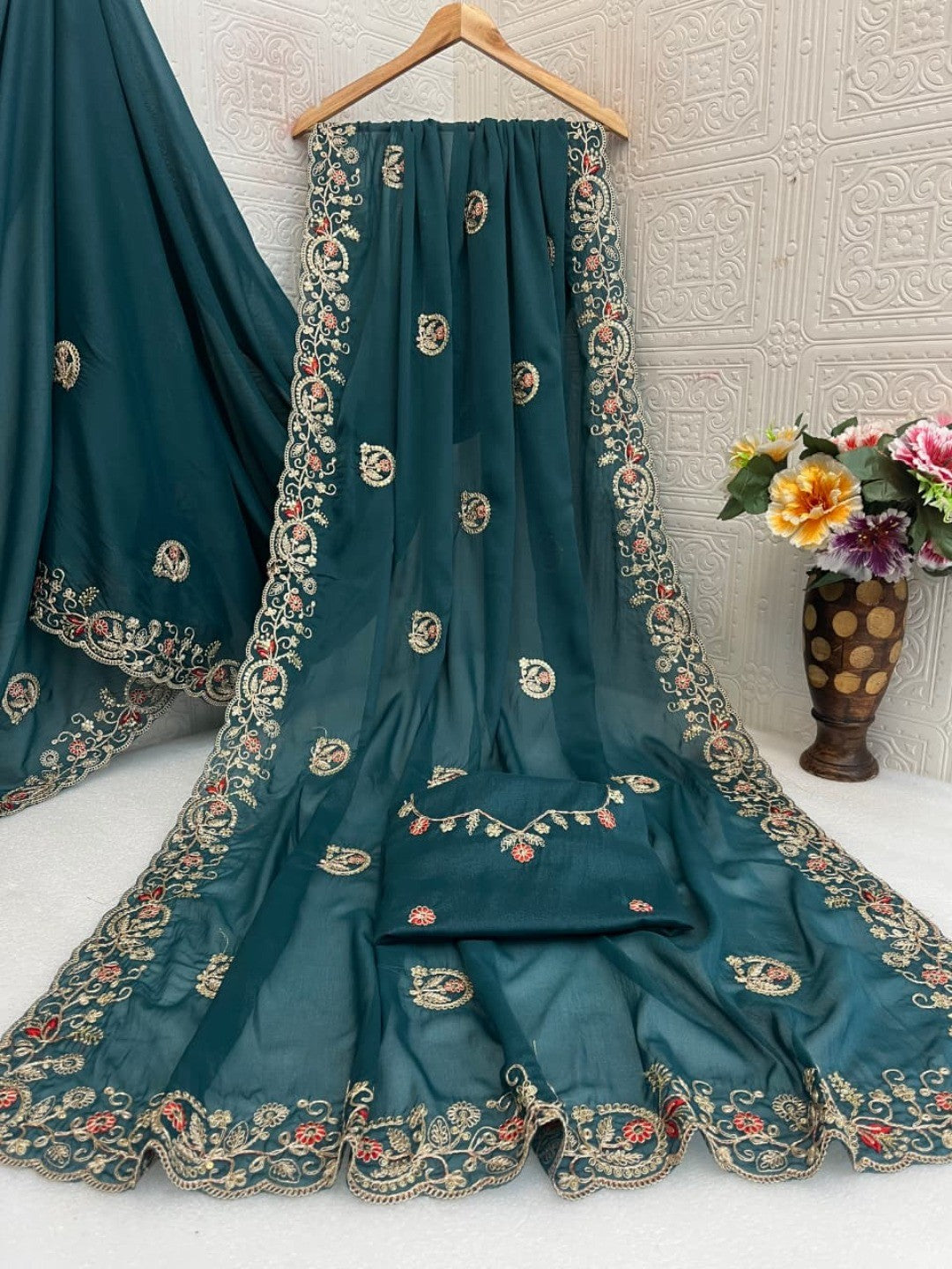 Elegant Teal Floral Cording Embroidered Georgette Saree Highlighted With Shimmering Sequins - Image 10