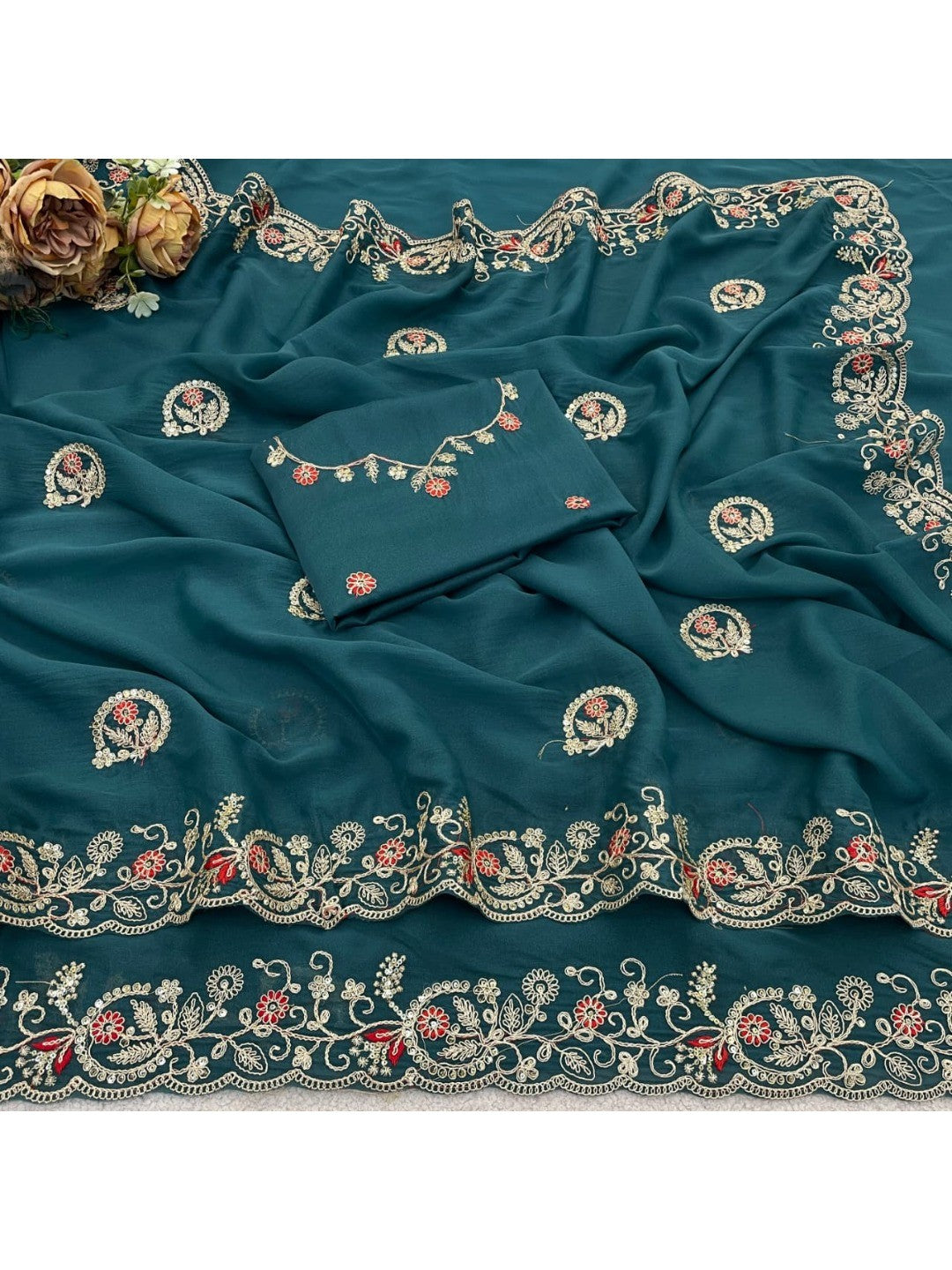 Elegant Teal Floral Cording Embroidered Georgette Saree Highlighted With Shimmering Sequins - Image 3