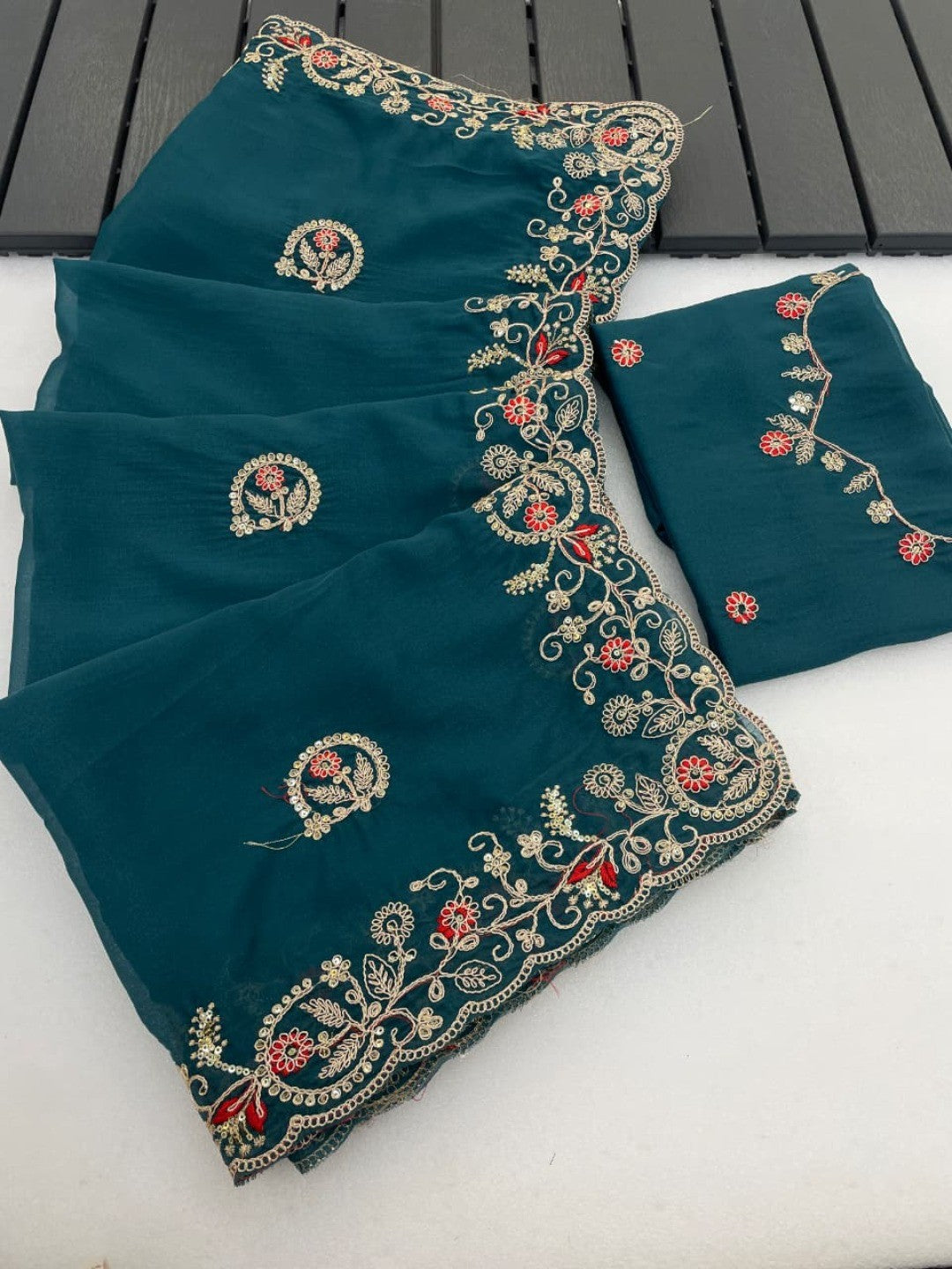 Elegant Teal Floral Cording Embroidered Georgette Saree Highlighted With Shimmering Sequins - Image 6