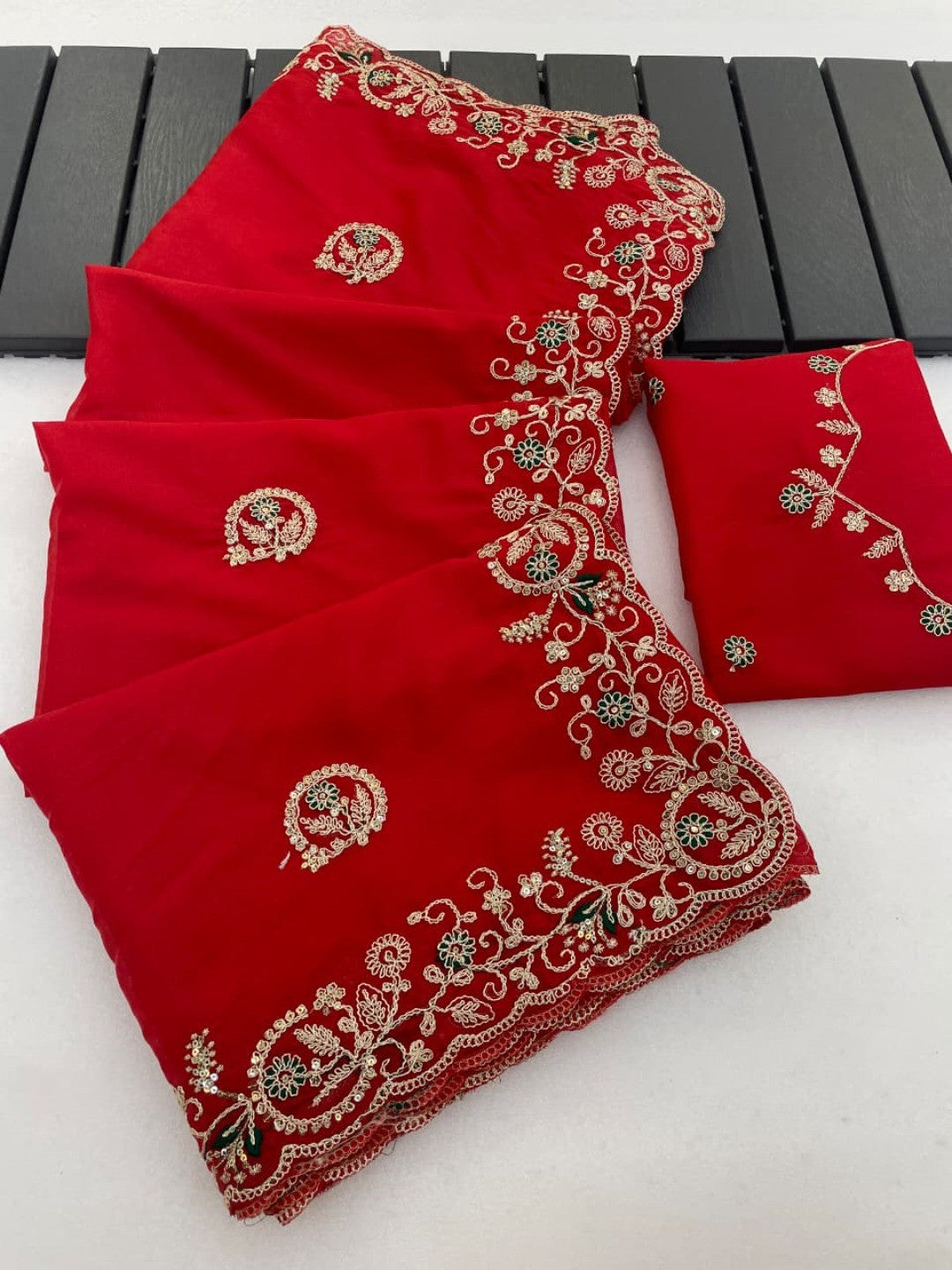 Elegant Red Floral Cording Embroidered Georgette Saree Highlighted With Shimmering Sequins - Image 8