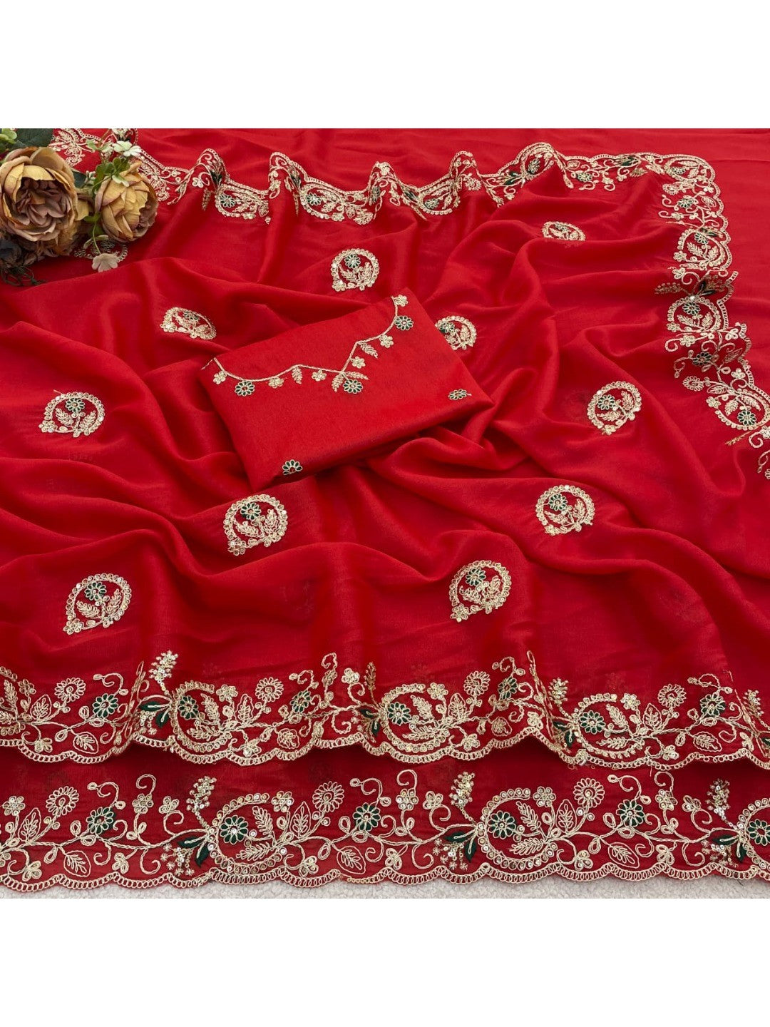 Elegant Red Floral Cording Embroidered Georgette Saree Highlighted With Shimmering Sequins - Image 3