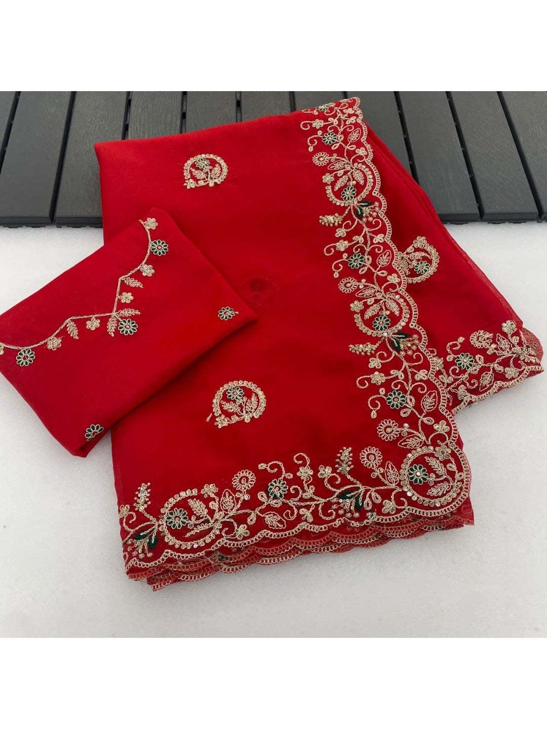 Elegant Red Floral Cording Embroidered Georgette Saree Highlighted With Shimmering Sequins - Image 7