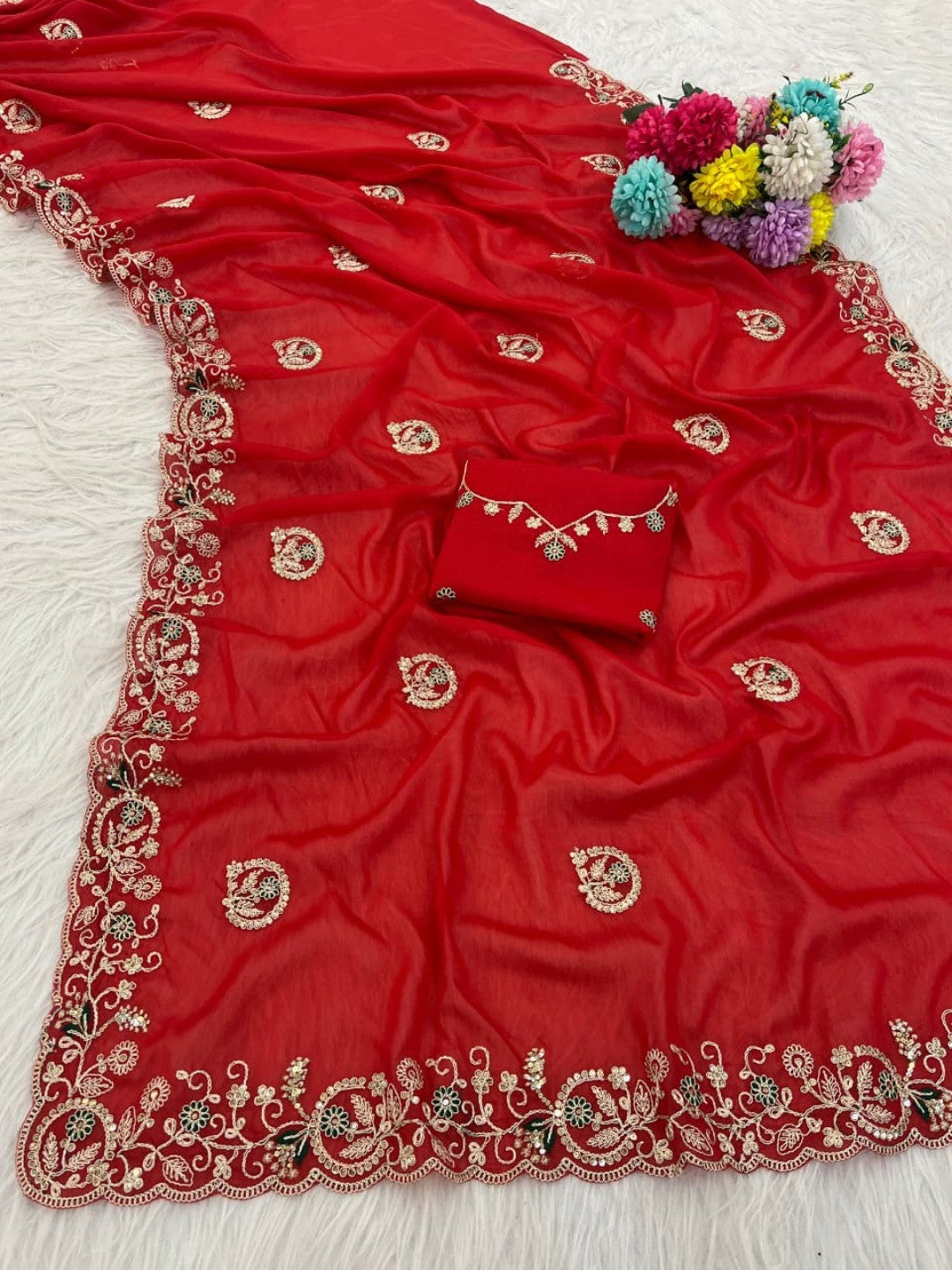 Elegant Red Floral Cording Embroidered Georgette Saree Highlighted With Shimmering Sequins - Image 4