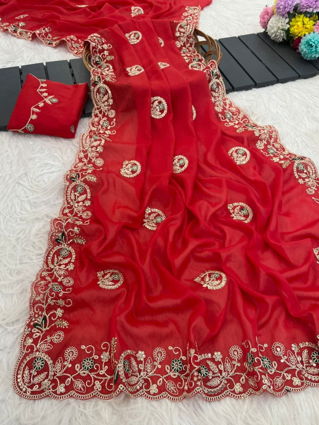Elegant Red Floral Cording Embroidered Georgette Saree Highlighted With Shimmering Sequins - Image 2