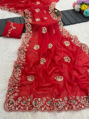 Elegant Red Floral Cording Embroidered Georgette Saree Highlighted With Shimmering Sequins - Image 2