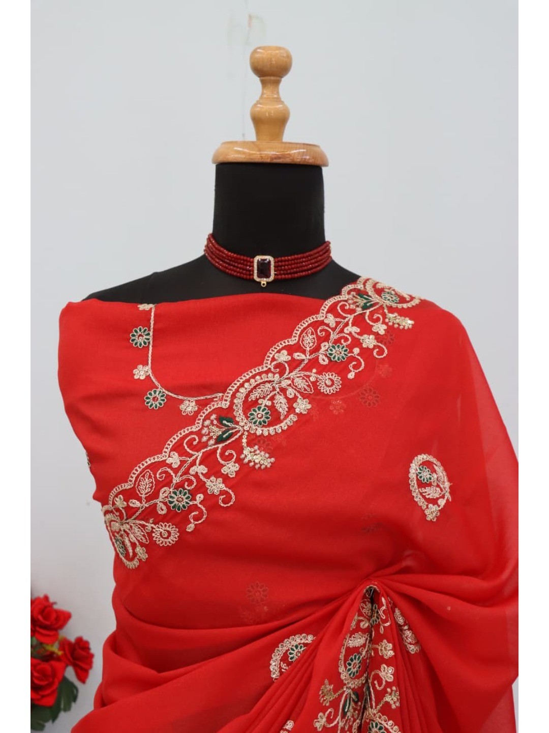 Elegant Red Floral Cording Embroidered Georgette Saree Highlighted With Shimmering Sequins - Image 9