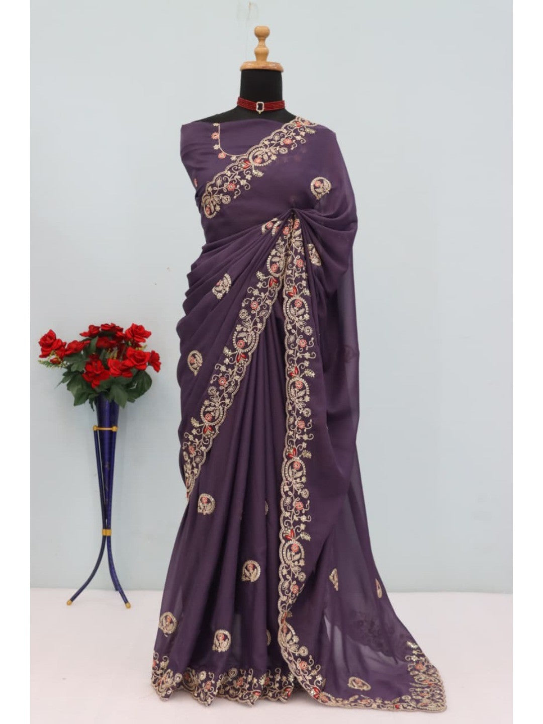 Elegant Purple Floral Cording Embroidered Georgette Saree Highlighted With Shimmering Sequins - Image 8
