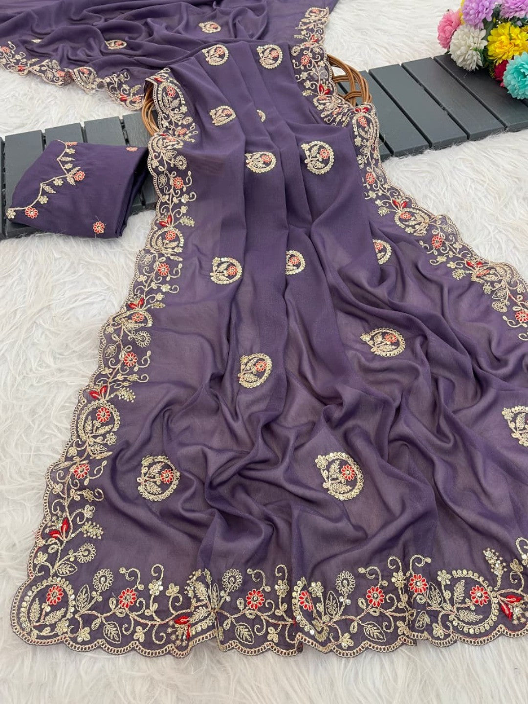 Elegant Purple Floral Cording Embroidered Georgette Saree Highlighted With Shimmering Sequins - Image 7