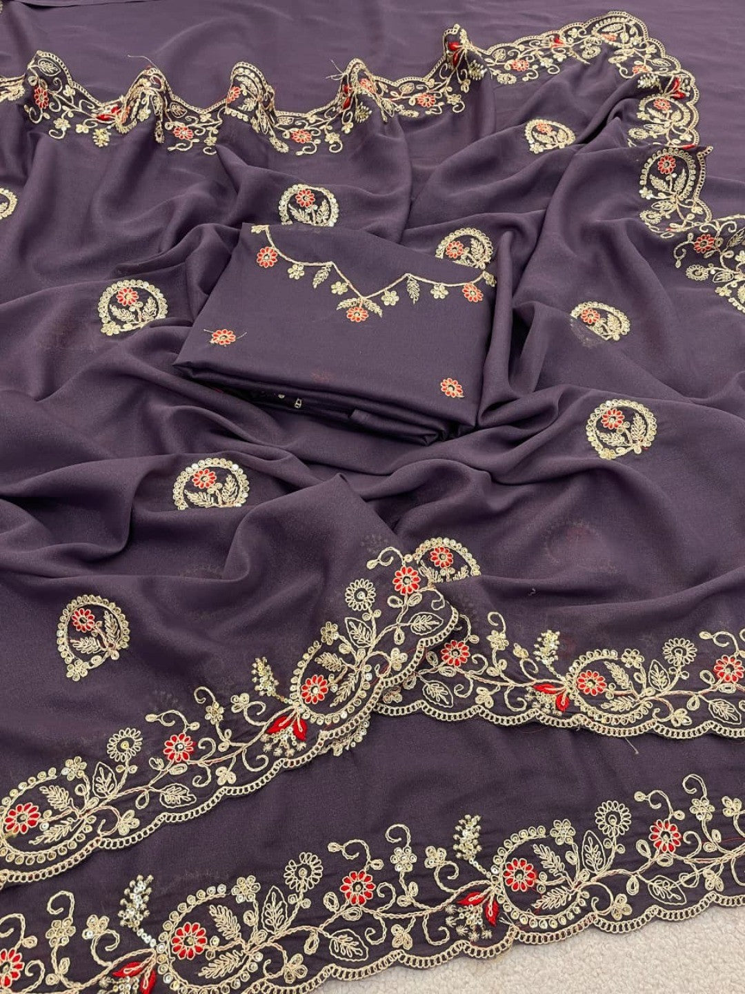 Elegant Purple Floral Cording Embroidered Georgette Saree Highlighted With Shimmering Sequins - Image 2
