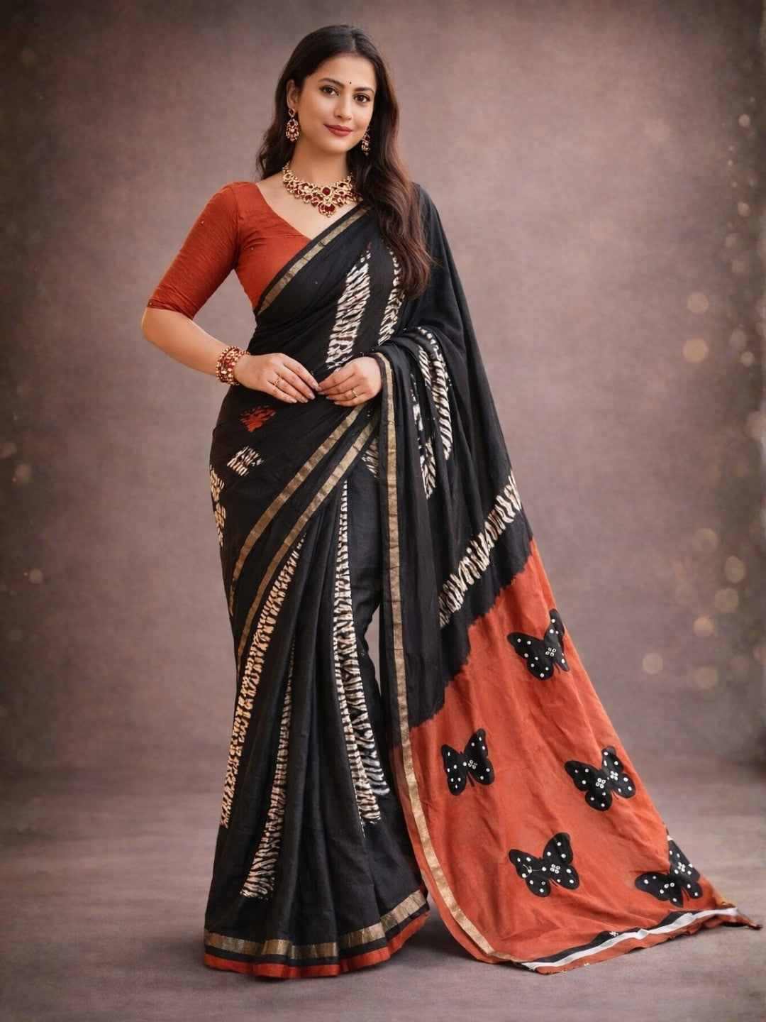 Elegant Black Mysore Silk Saree with Butterfly Print - Image 1