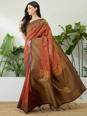 Sophisticated Rust Floral Woven Silk Blend Saree Highlighted By Rich Zari & Tassels - Image 1