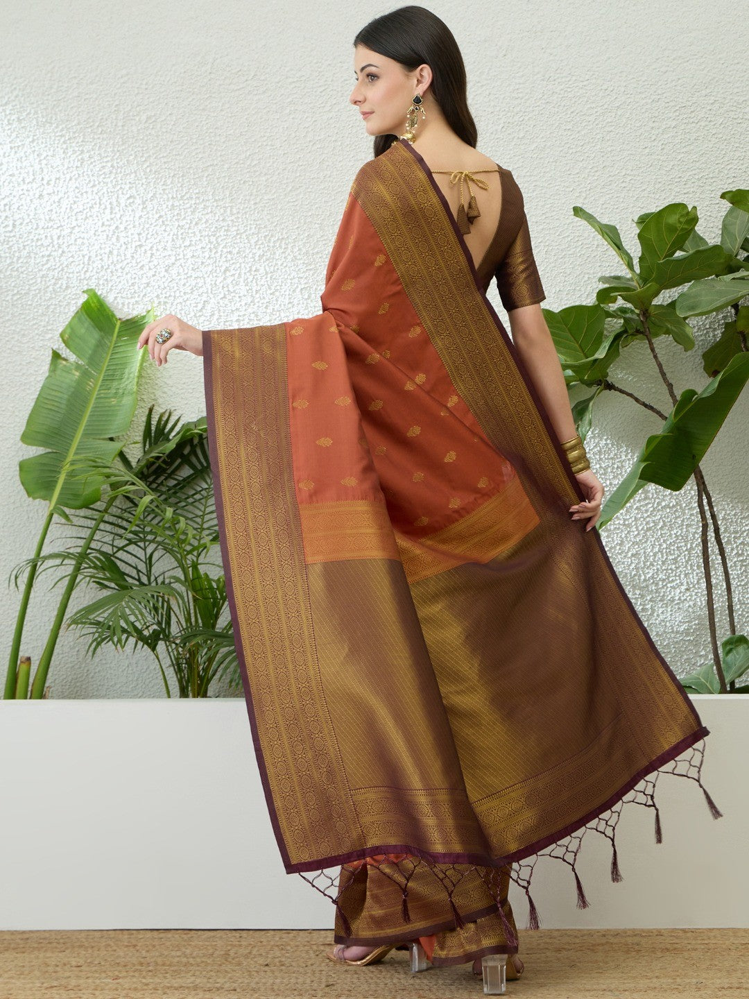 Sophisticated Rust Floral Woven Silk Blend Saree Highlighted By Rich Zari & Tassels - Image 4