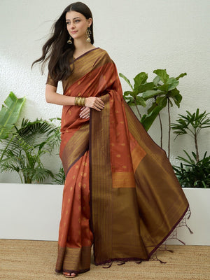Sophisticated Rust Floral Woven Silk Blend Saree Highlighted By Rich Zari & Tassels - Image 2