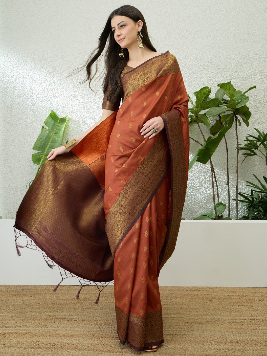 Sophisticated Rust Floral Woven Silk Blend Saree Highlighted By Rich Zari & Tassels - Image 3