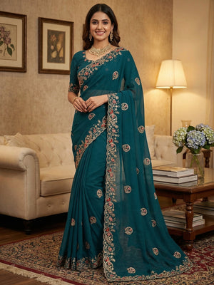 Elegant Teal Floral Cording Embroidered Georgette Saree Highlighted With Shimmering Sequins - Image 1