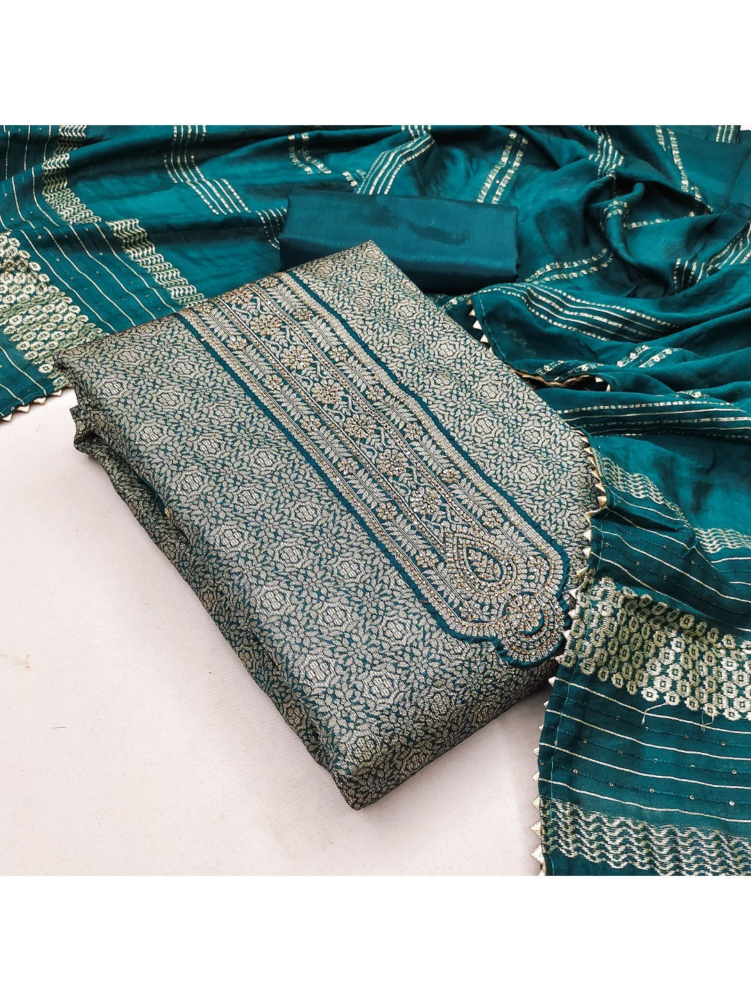 Luxurious Morpich Blue Floral Woven Art Silk Dress Material Adorned with Swarovski Work - Image 5