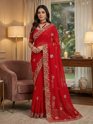 Elegant Red Floral Cording Embroidered Georgette Saree Highlighted With Shimmering Sequins - Image 1