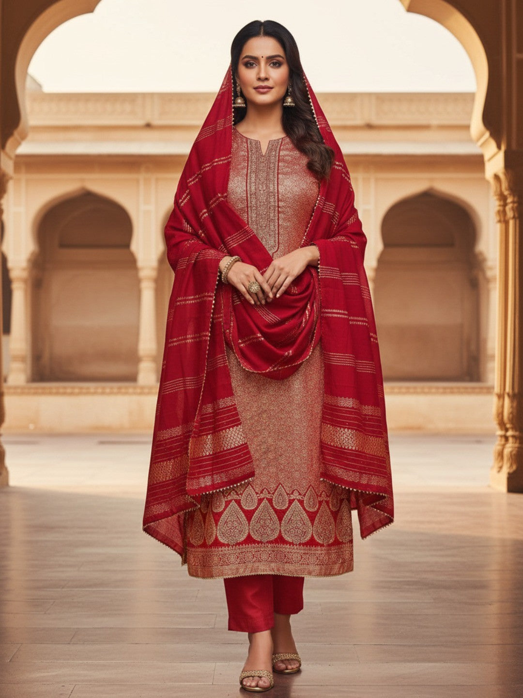 Luxurious Red Floral Woven Art Silk Dress Material Adorned with Swarovski Work - Image 2