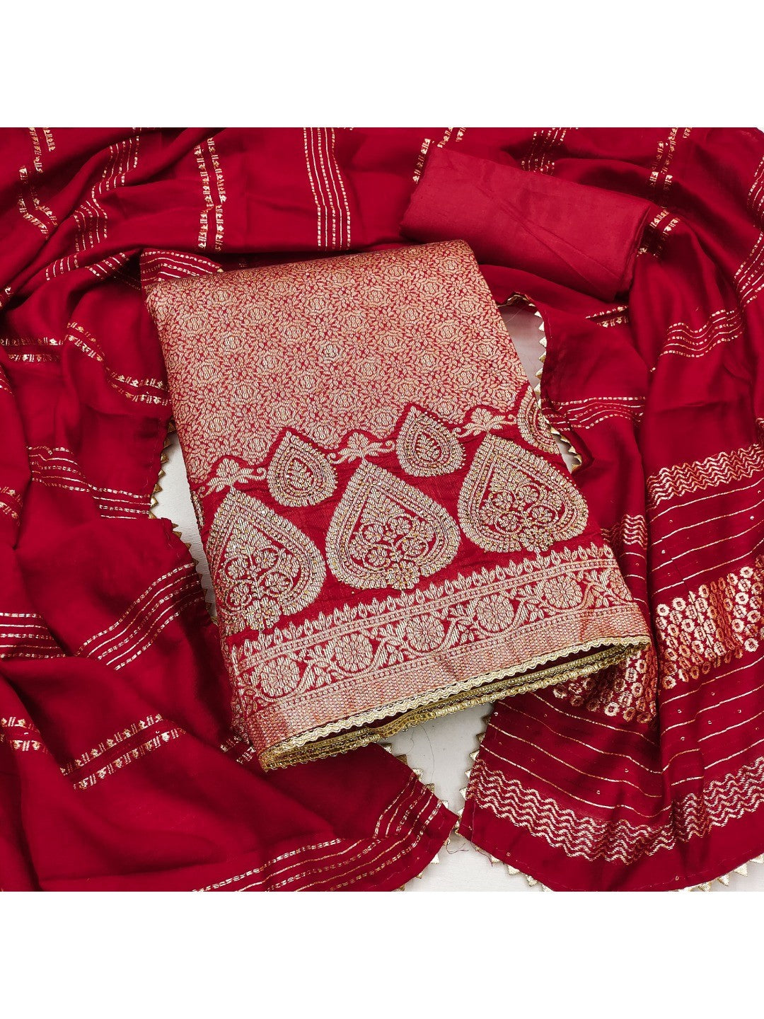 Luxurious Red Floral Woven Art Silk Dress Material Adorned with Swarovski Work - Image 3