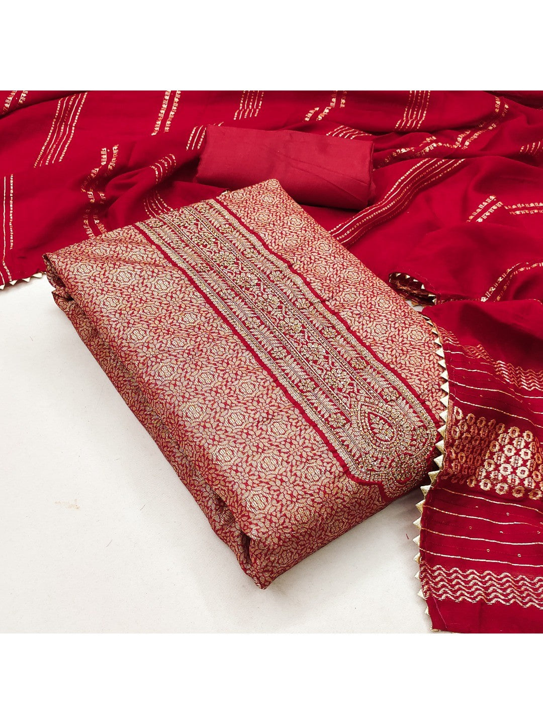 Luxurious Red Floral Woven Art Silk Dress Material Adorned with Swarovski Work - Image 1