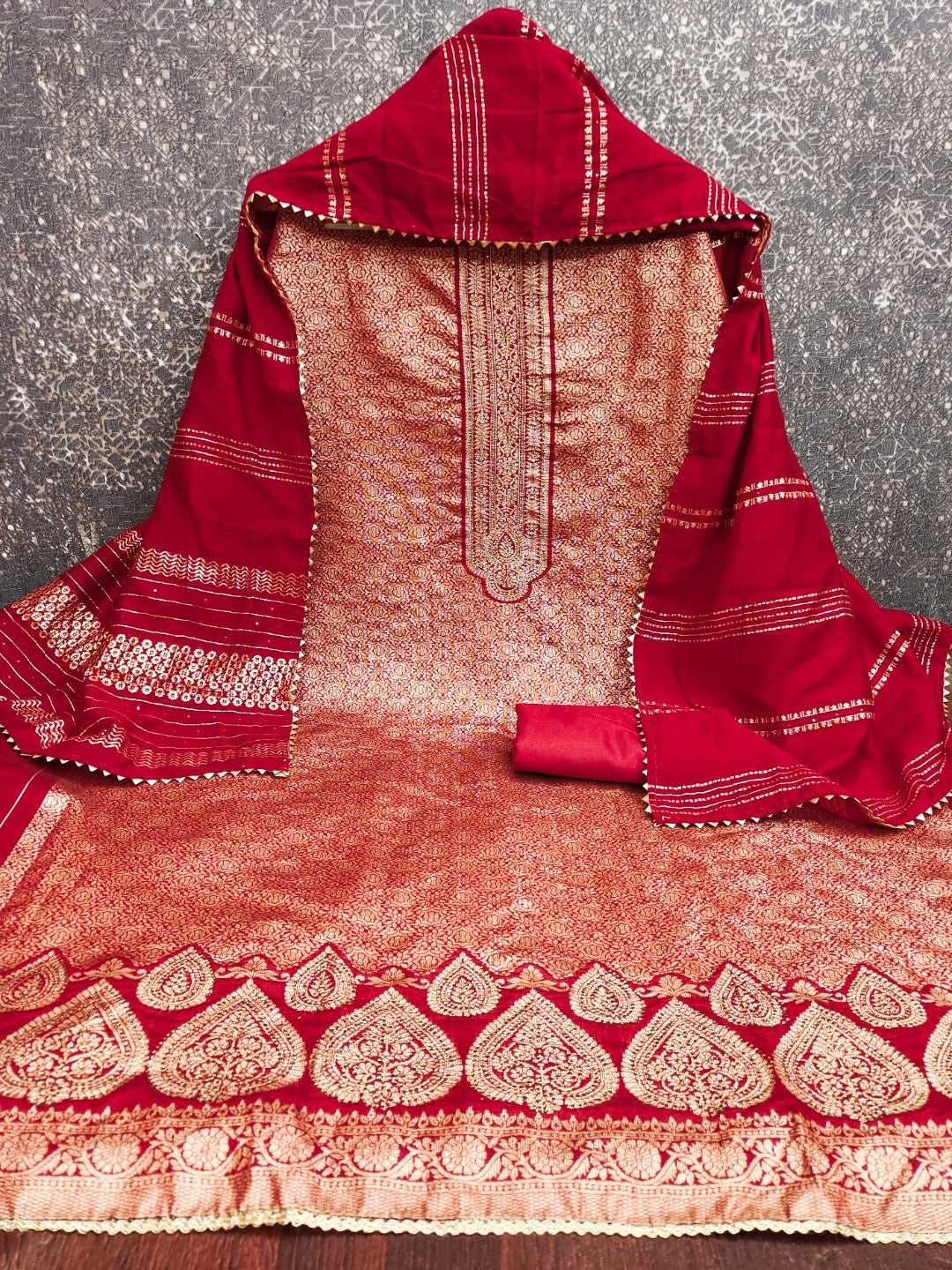 Luxurious Red Floral Woven Art Silk Dress Material Adorned with Swarovski Work - Image 5