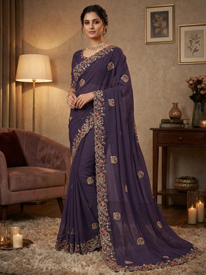 Elegant Purple Floral Cording Embroidered Georgette Saree Highlighted With Shimmering Sequins - Image 1