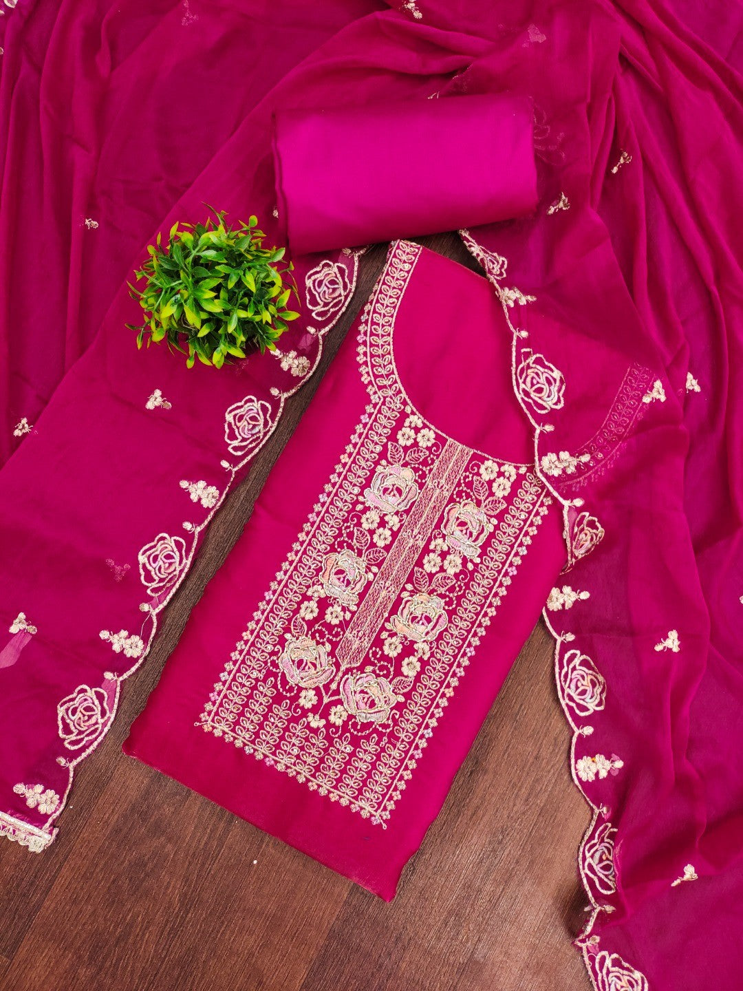 Pink Cotton Silk Embroidered Dress Material Set with Soft Fabric and Festive Appeal - Image 4