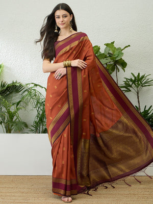 Traditional Rust Floral Zari Weaving Banarasi Silk Saree With Statement Tassel Pallu - Image 1
