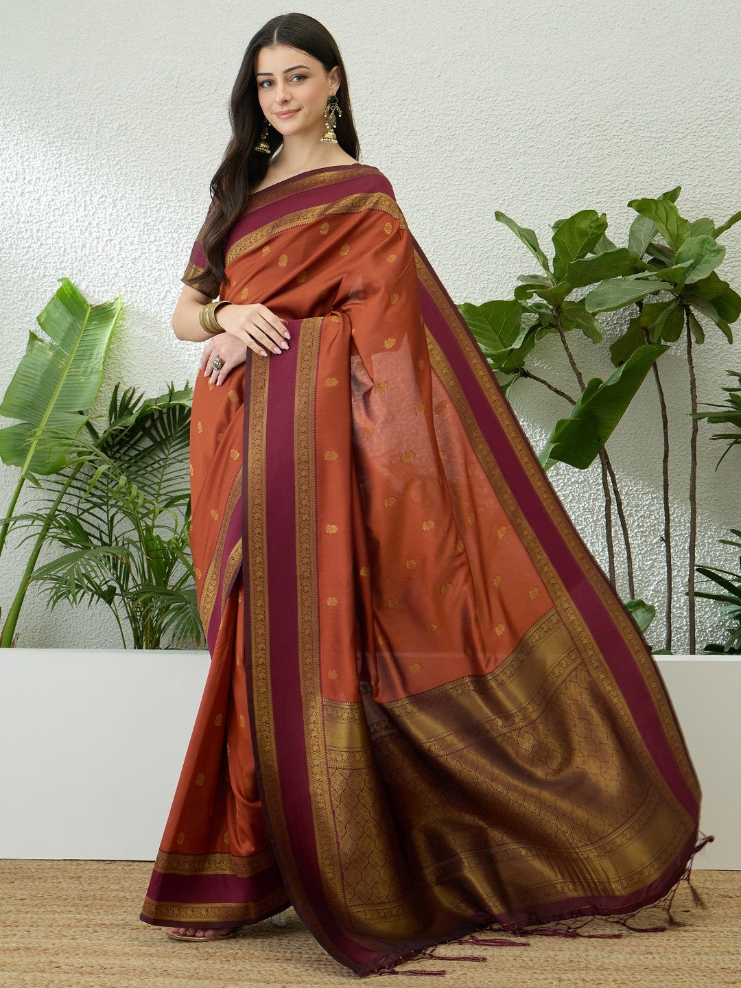 Traditional Rust Floral Zari Weaving Banarasi Silk Saree With Statement Tassel Pallu - Image 2