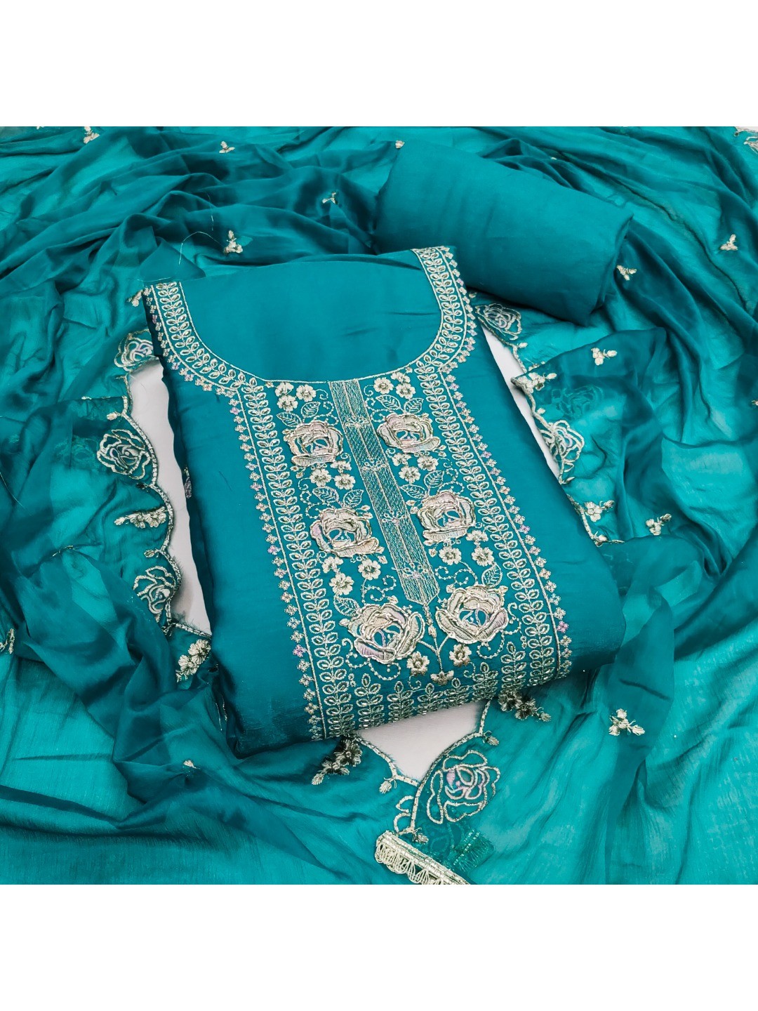 Elegant Blue Viscose Dress Material with Embroidered Details - Image 1