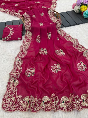 Classic Rani Pink Floral Design Georgette Saree Featuring Fine Cording Embroidery & Sequins Work - Image 2