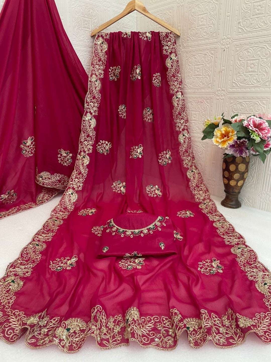 Classic Rani Pink Floral Design Georgette Saree Featuring Fine Cording Embroidery & Sequins Work - Image 4