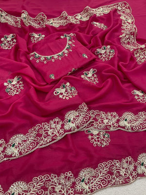 Classic Rani Pink Floral Design Georgette Saree Featuring Fine Cording Embroidery & Sequins Work - Image 2
