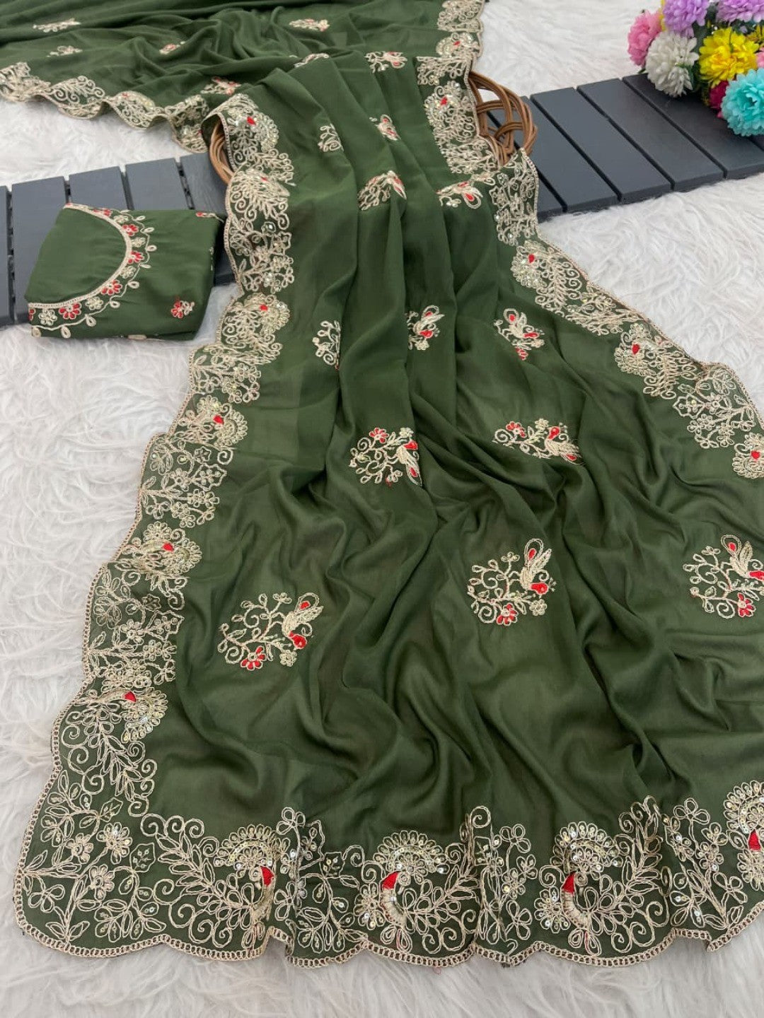 Classic Mehendi Green Floral Design Georgette Saree Featuring Fine Cording Embroidery & Sequins Work - Image 7
