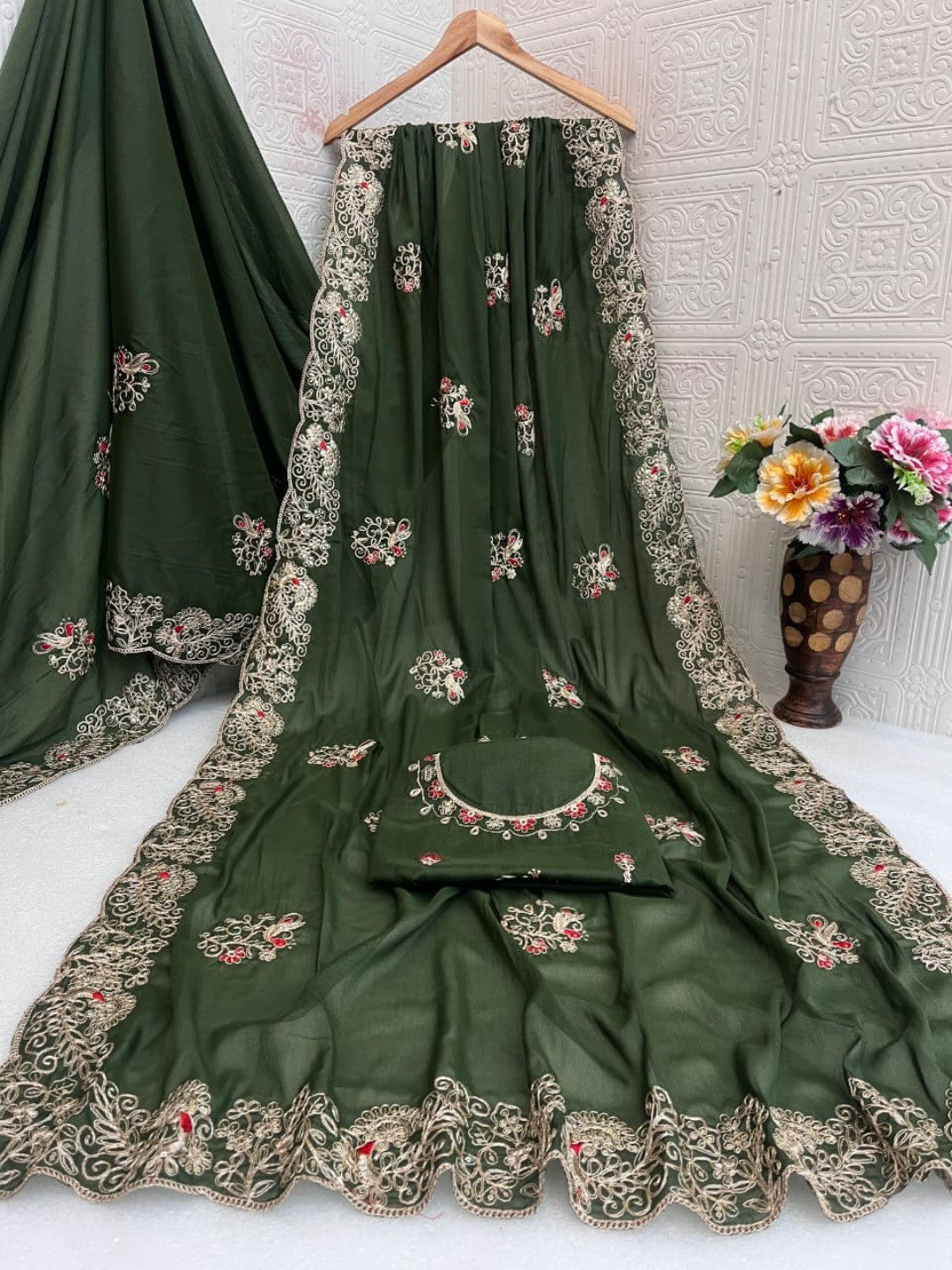Classic Mehendi Green Floral Design Georgette Saree Featuring Fine Cording Embroidery & Sequins Work - Image 8