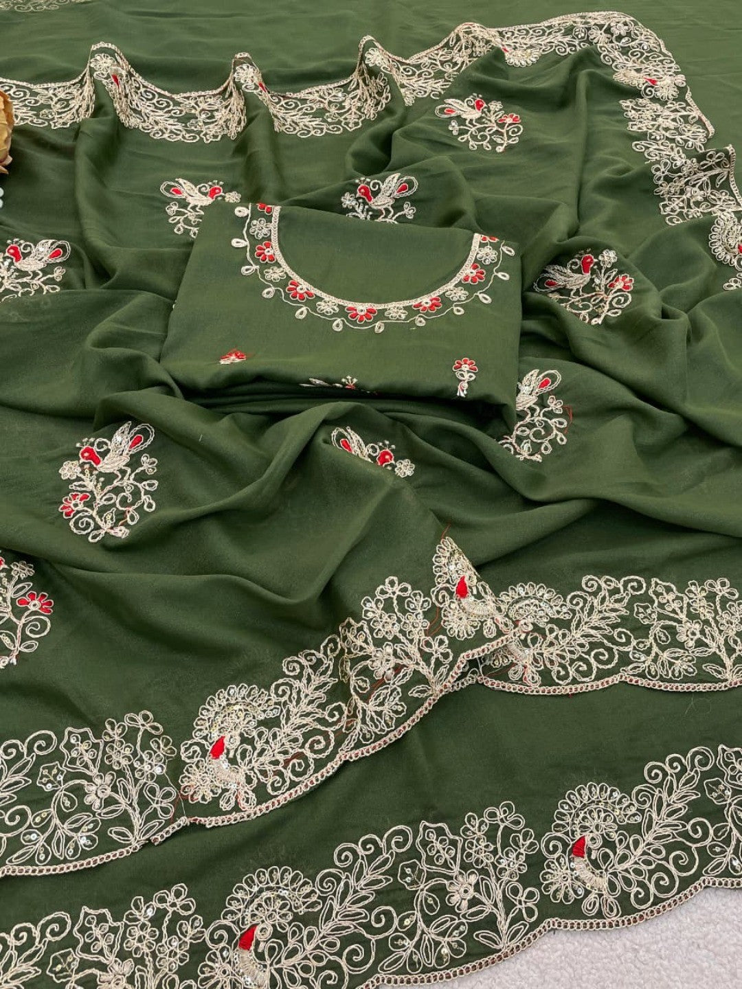 Classic Mehendi Green Floral Design Georgette Saree Featuring Fine Cording Embroidery & Sequins Work - Image 5