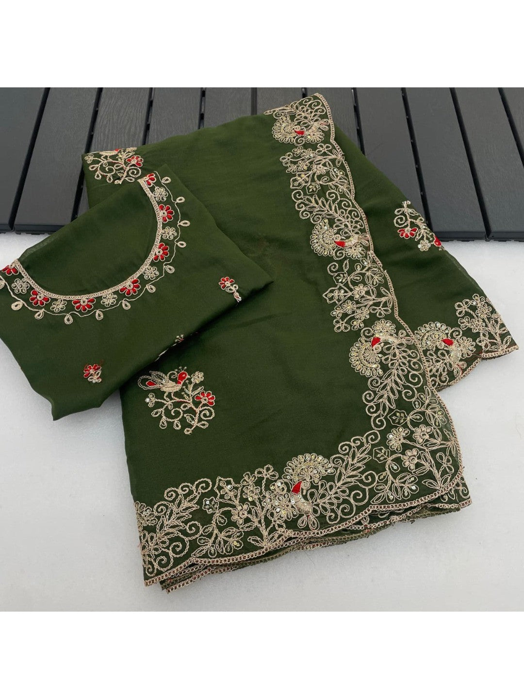 Classic Mehendi Green Floral Design Georgette Saree Featuring Fine Cording Embroidery & Sequins Work - Image 6
