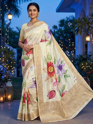 Cream Floral Printed Dola Silk Saree with Golden Border - Image 1