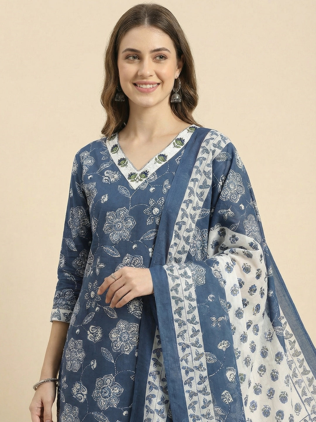 Festive Style Blue Floral Printed Cotton Salwar Suit with Coordinated Dupatta - Image 4