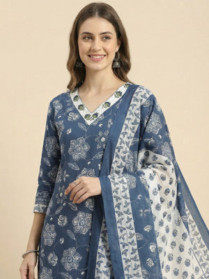 Festive Style Blue Floral Printed Cotton Salwar Suit with Coordinated Dupatta - Image 2