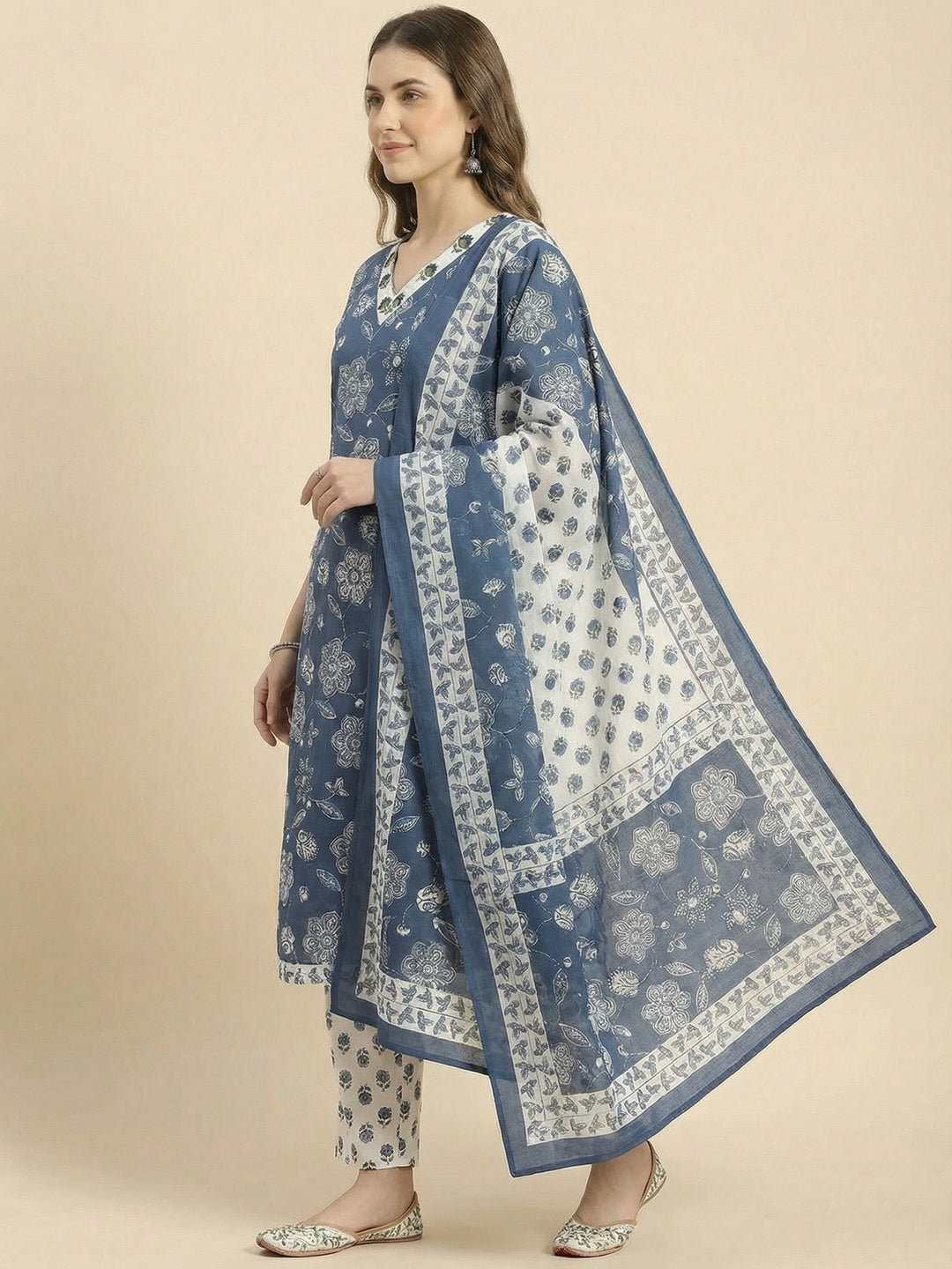 Festive Style Blue Floral Printed Cotton Salwar Suit with Coordinated Dupatta - Image 2